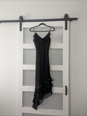 Mixit Black Asymmetrical Ruffle Slip Dress with Teal Bead Accents